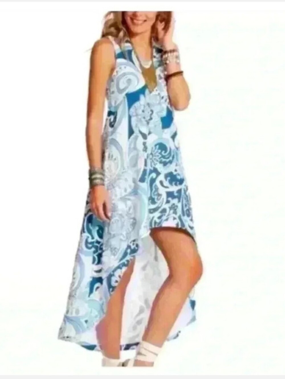Island Company Persephone Sleeveless Blue & White Paisley Linen Dress